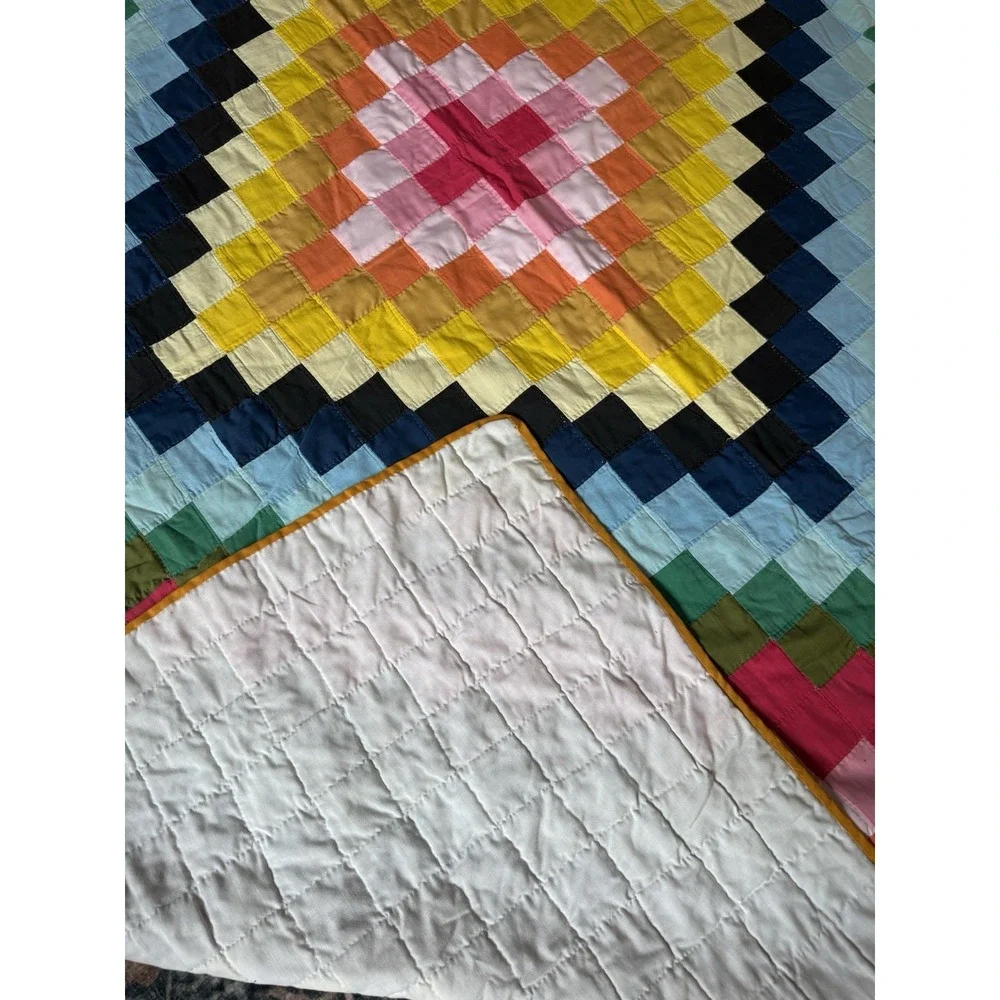 Vintage Diamond Trip Around The World Patchwork Quilt Handmade Rainbow